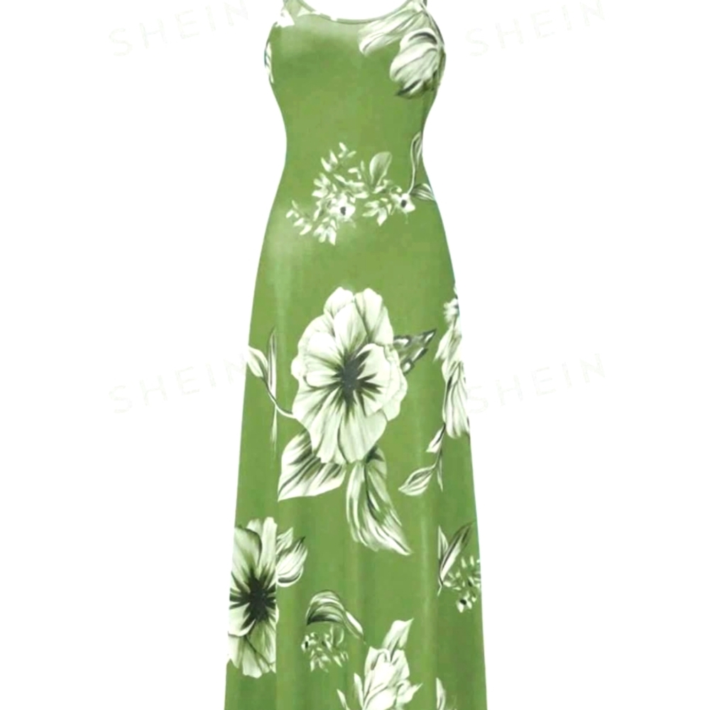 SHEIN Green White Floral Satin Maxi Slip Dress XL Spaghetti Strap Scoop Neck.